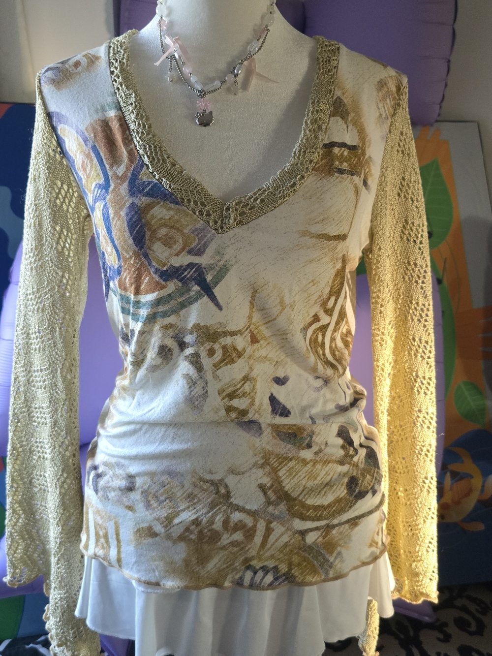 🔥(SOLD) Y2K Whimsigoth Fairycore Top Crochet Bell Sleeve Graphic S - Picture 2 of 11